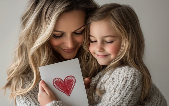 A woman holding a card with a heart on it photo