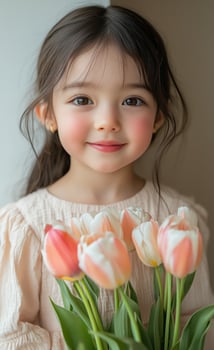 A little girl holding a bunch of tulips photo