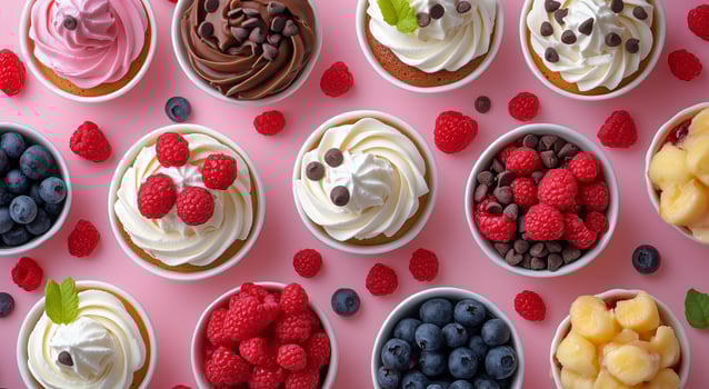 A variety of desserts in bowls on a pink background photo