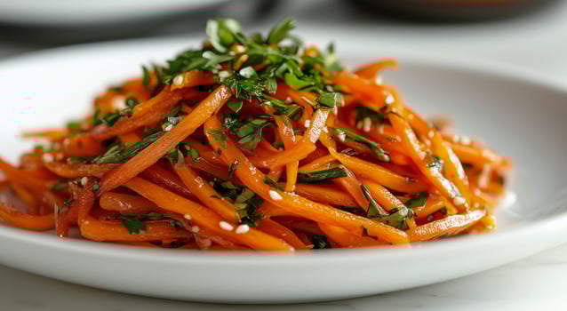 A plate of carrots with herbs and sesame seeds photo