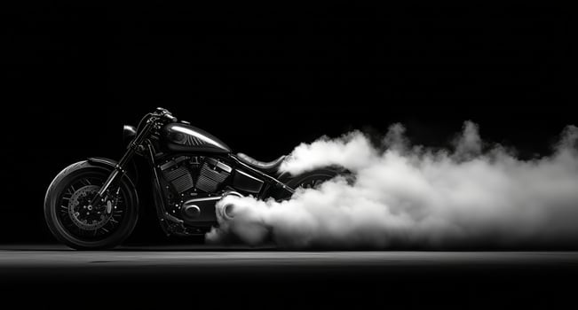 A black and white photo of a motorcycle with smoke coming out of it