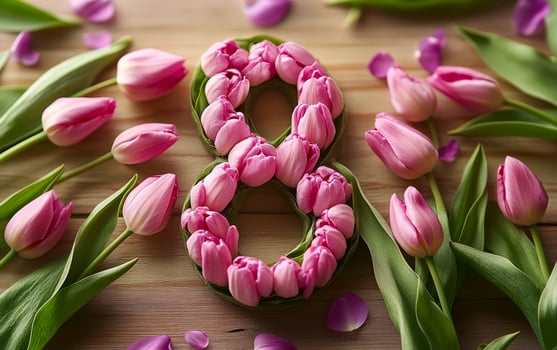 A bouquet of pink flowers with the number 8 written in the middle. The flowers are arranged in a way that they spell out the number 8. Concept of celebration and love photo