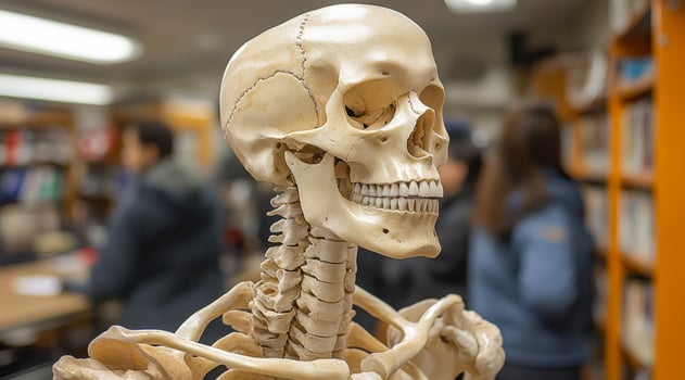 A skeleton is on display in a library. The skeleton is white and has a skull on it. There are several people in the background, some of them are looking at the skeleton photo