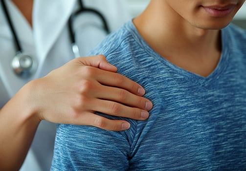 A man is being comforted by a woman. The woman is a doctor. The man is wearing a blue shirt photo