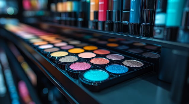 A display of makeup with a variety of colors and shades. Concept of abundance and variety, as there are many different shades of makeup available for purchase photo