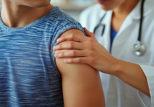 A man is being comforted by a woman in a white coat. The woman is a doctor and the man is a patient. Scene is one of care and concern for the patient's well-being photo