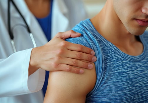A man is being comforted by a doctor. The doctor is wearing a white coat and the man is wearing a blue shirt photo