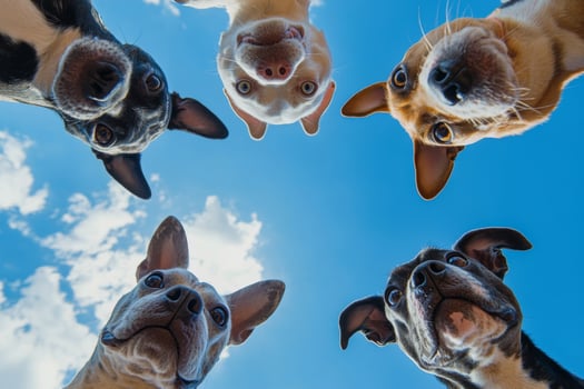 Dogs muzzles looking down at camera against blue sky photo