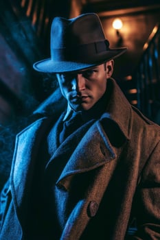 Portrait of detective wearing trench coat and fedora hat photo