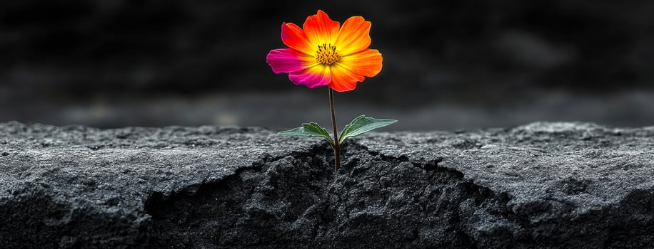 A small flower is growing in the dirt. The flower is orange and pink. The flower is growing in a rocky area photo