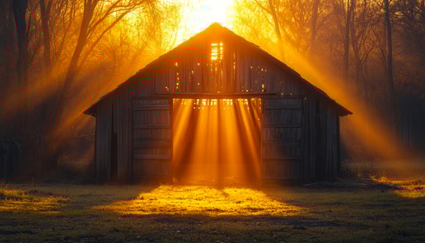 A rustic barn with a sun shining through the door, casting a warm glow on the wooden structure. The sun's rays create a peaceful and serene atmosphere, making the barn appear inviting and cozy photo
