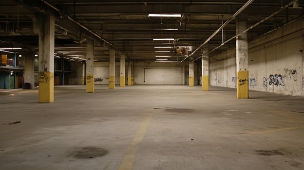 Spacious Abandoned Warehouse Industrial Urban Decay Scene photo