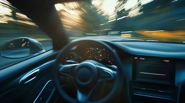 High-Speed Car Interior with Motion Blur Driving Through a Scenic Urban Environment photo