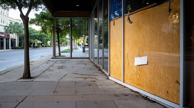 Urban City Street with Boarded Up Windows and Sidewalk photo