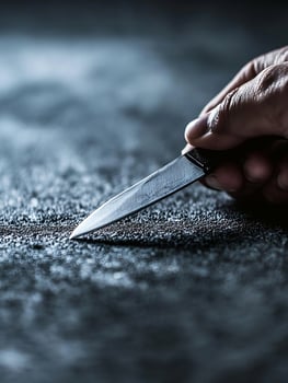 Closeup of hand holding a sharp knife on textured dark surface for dramatic concept photo