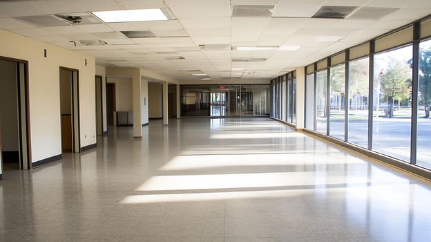 Spacious Empty Office Corridor with Large Windows and Soft Light photo