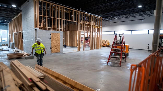 Industrial interior of commercial building under construction with exposed wooden framing and scaffolding photo
