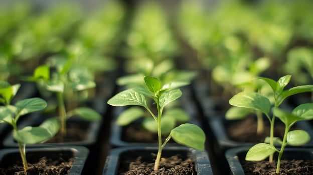 Young Plant Seedlings Growing in Pots in a Greenhouse Setting photo