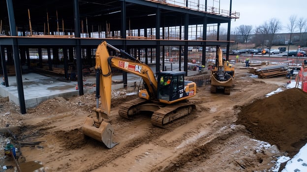 Excavators at Construction Site with Steel Frame and Equipment photo