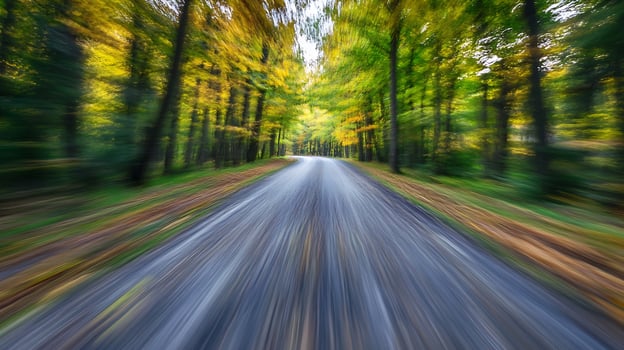 Blurred Motion View of a Forest Road Surrounded by Vibrant Autumn Trees photo