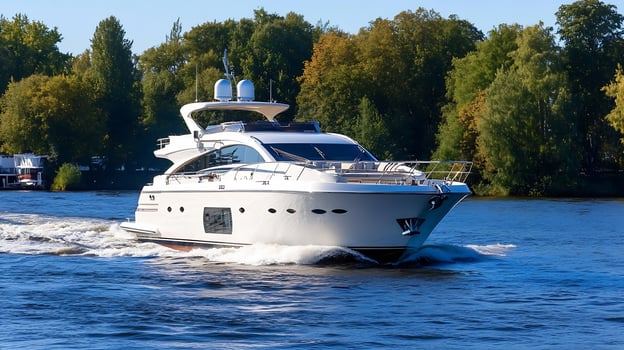 Luxurious White Yacht Cruising on a Sunny Day at Forested Lake photo