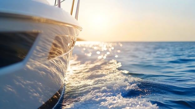 Luxury Yacht Cruise at Golden Sunrise Over Tranquil Open Sea photo