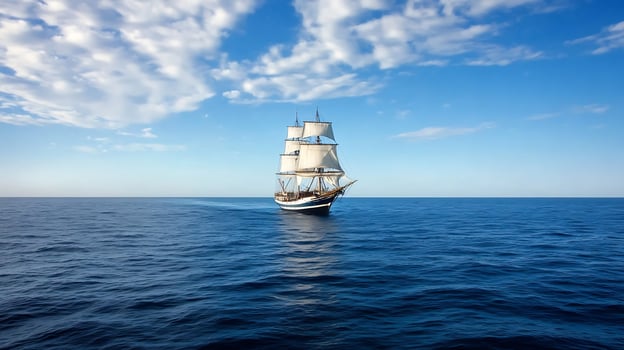 Majestic Sailing Ship on Calm Blue Ocean Under Partially Cloudy Sky photo