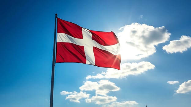 Danish Flag Waving on a Sunny Day with Vibrant Blue Sky and White Clouds photo