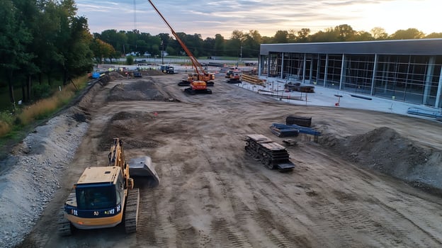 Large Construction Site with Excavators and Heavy Machinery in Progress at Sunset photo