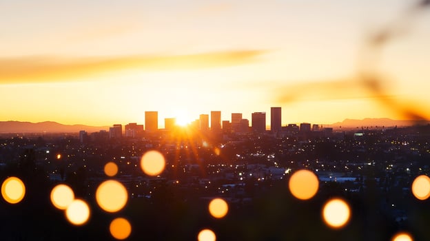Captivating Urban Cityscape at Sunset with Glowing Bokeh Lights photo