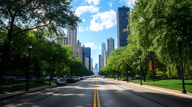 Vibrant Cityscape of Chicago with Skyscrapers and Trees on Sunny Day photo