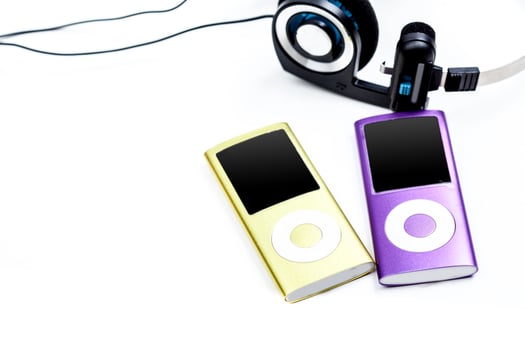 audio player with headphones isolated on white background photo