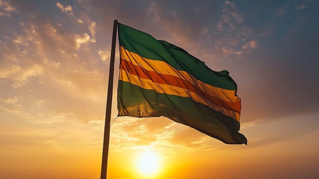 Vibrant Flag Waving Against Dramatic Sunset Sky Symbolizing Freedom and Unity photo