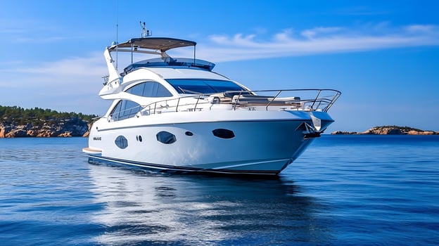 Luxury Motor Yacht on Serene Blue Water Under Clear Blue Sky with Scenic Island Backdrop photo