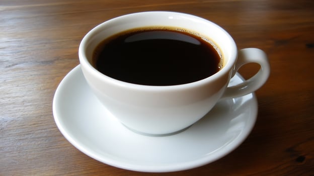 Steaming cup of freshly brewed black coffee on a rustic wooden table photo