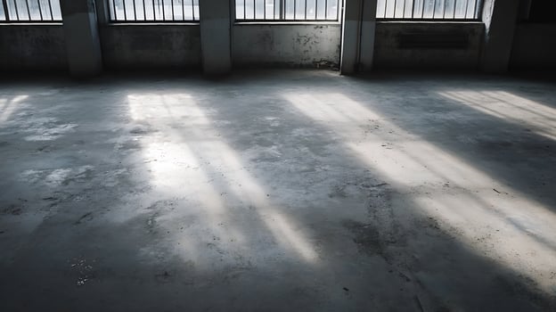 Industrial warehouse interior with sunlight streaming onto polished concrete floor photo
