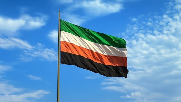 National flag of Sudan waving against a clear blue sky photo