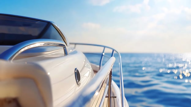 Luxurious Yacht Bow Sailing in Tranquil Clear Blue Ocean under Sunny Skies photo
