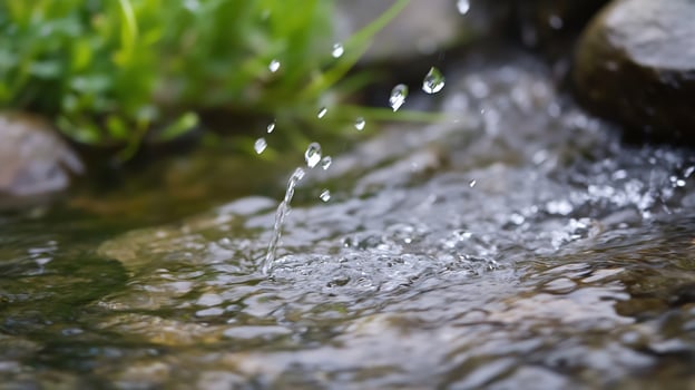 Natural Water Droplets Splashing in a Tranquil Stream with Greenery in Background photo
