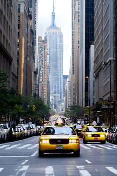 Iconic New York City Street with Yellow Taxi Cabs and Skyline View photo
