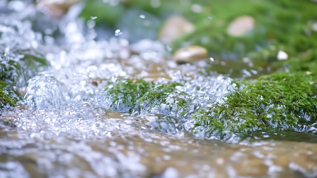 Crystal Clear Stream Flowing Over Mossy Rocks in a Serene Natural Setting photo