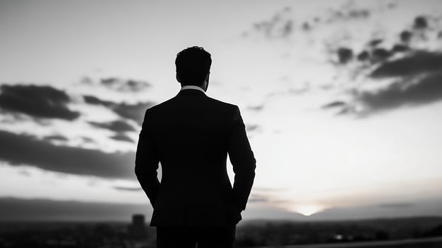 Elegant silhouette of a businessman in a suit watching a breathtaking sunset on the city skyline photo