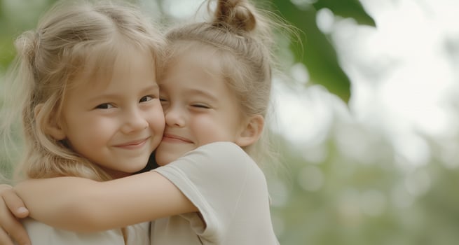 Joyful sisters embracing with bright smiles in a sunlit garden setting. friendship day. copy space photo