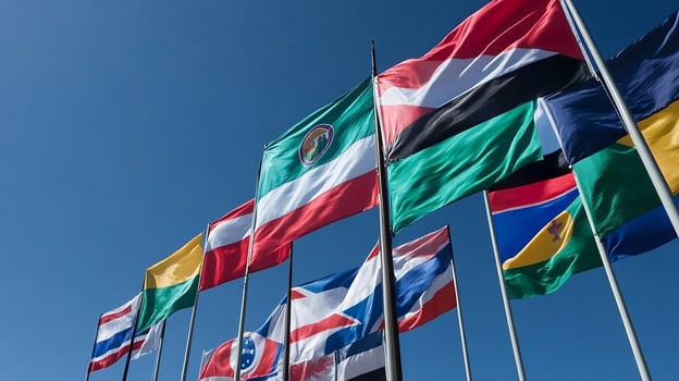 Multiple National Flags Against Clear Blue Sky Fluttering in Unison photo