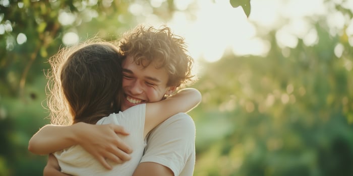 Young couple embracing in sunlit garden with joyful smiles and warm hugs photo