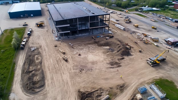 Construction Site with Steel Frame Structure of a Large Building in Development Stage photo