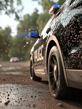Dynamic road chase scene with a police car racing through the mud photo