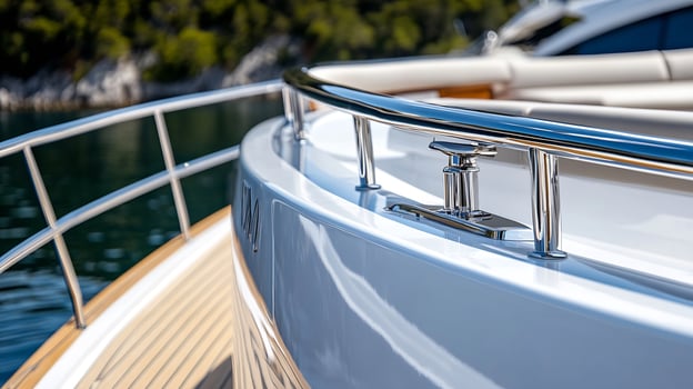 Luxury Yacht Deck Closeup with Polished Chrome and Wooden Rail Detailing photo
