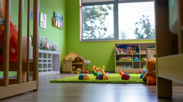 Vibrant Childrens Playroom with Colorful Toys and Green Walls Creating a Fun and Inviting Space photo