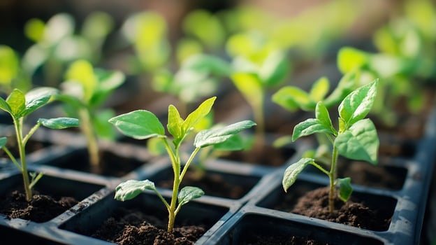 Young green seedlings planted in plastic trays for gardening and eco-friendly plant cultivation photo
